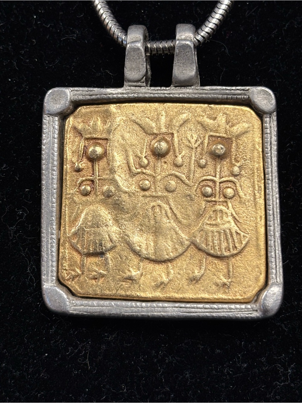 Chico's Two-Tone Gold and Silver Square Relief Pendant Necklace